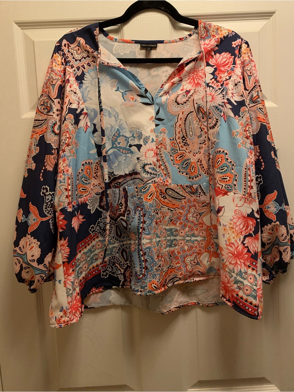 Women’s Coco and Carmen Paisley Floral Split-Neck Women's Blouse Blue/Coral L/XL